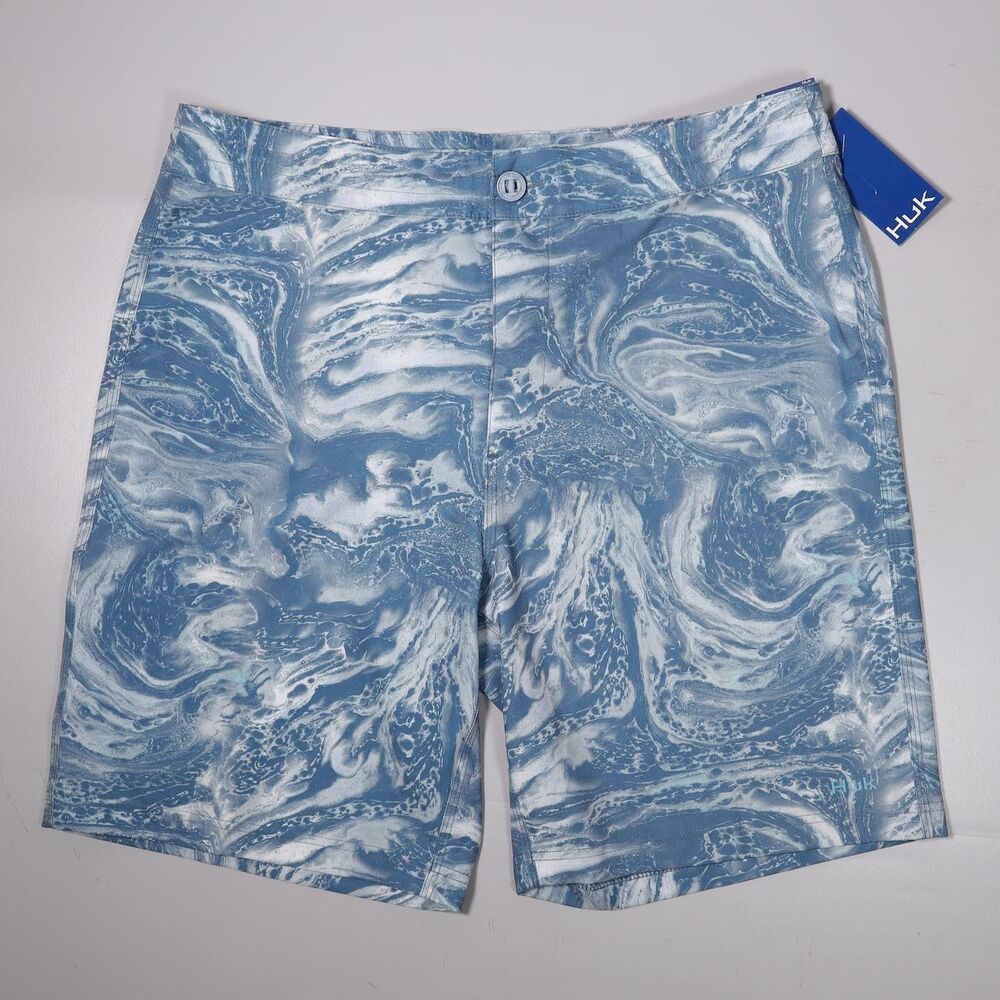 NWT HUK Shorts Blue Board Pursuit Stone Shore Hybrid Swim Trunks Mens 36x9